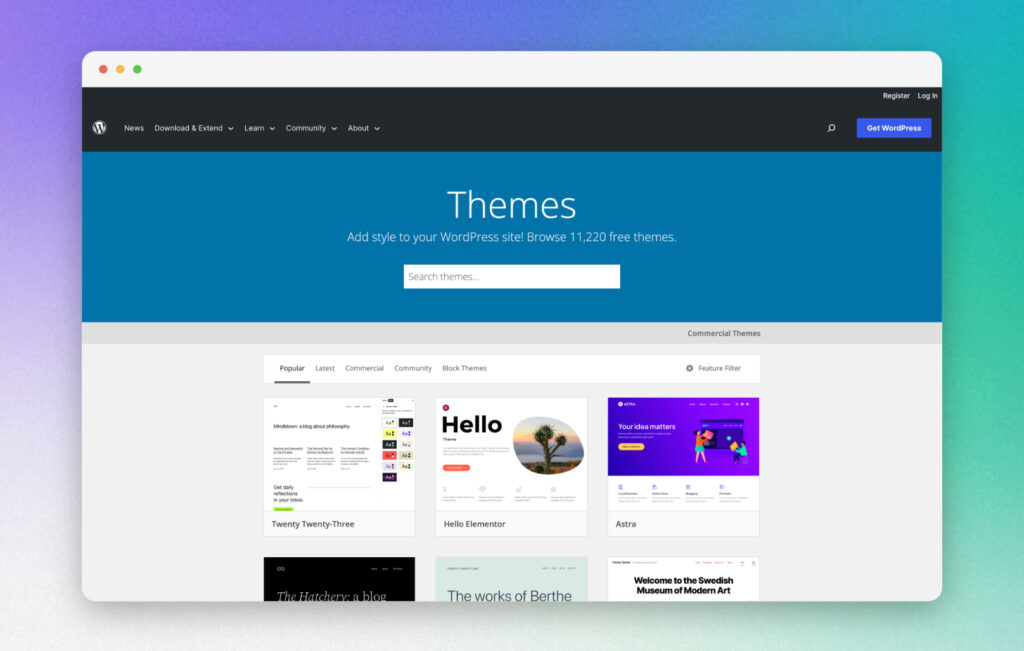 WordPress themes on wordpress.org